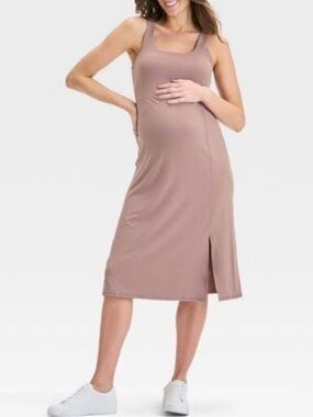 Isabel Maternity Taupe Active MIDI Slit Maternity Dress
